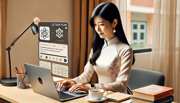Một giáo viên sử dụng máy tính để kiểm tra bài tập với sự hỗ trợ của công cụ AI