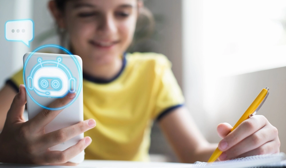  Một học sinh cười tươi khi nhận được giải đáp từ chatbot AI trên điện thoại