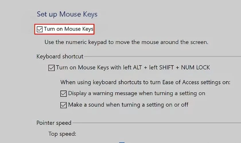 Cài đặt Mouse Keys trong Windows với điều khiển laptop không chuột.