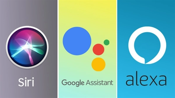 Ba thiết bị thông minh hiển thị logo của Google Assistant, Siri và Alexa 