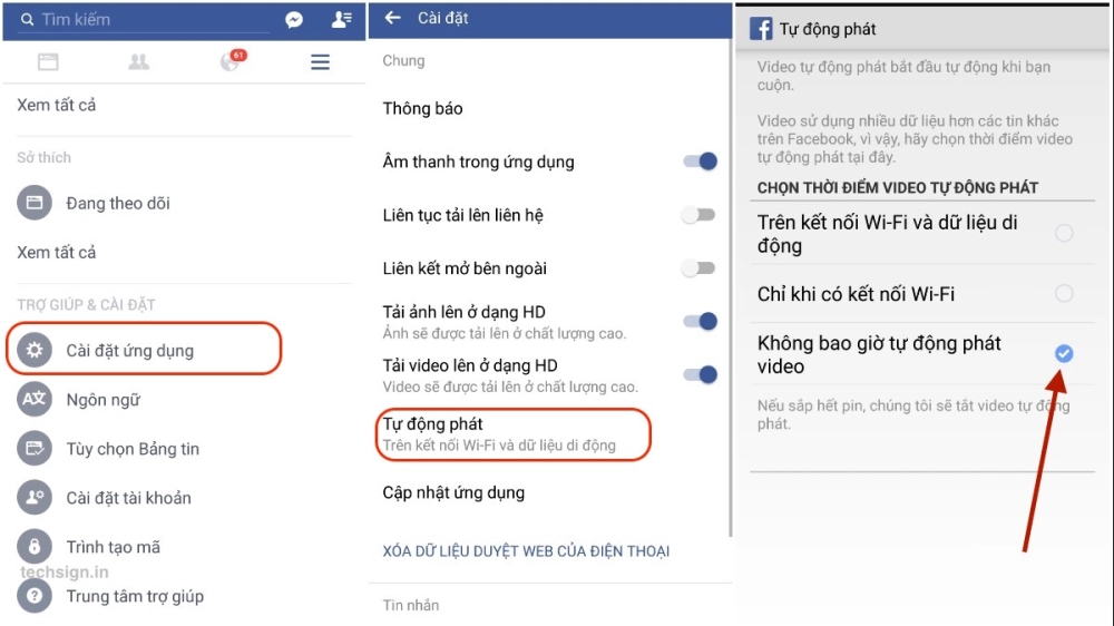 Cài đặt tắt tự động phát video trên ứng dụng Facebook.