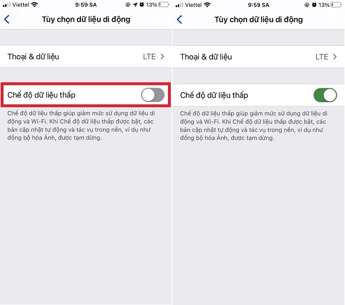 Chế độ tiết kiệm dữ liệu được bật trên giao diện iOS.