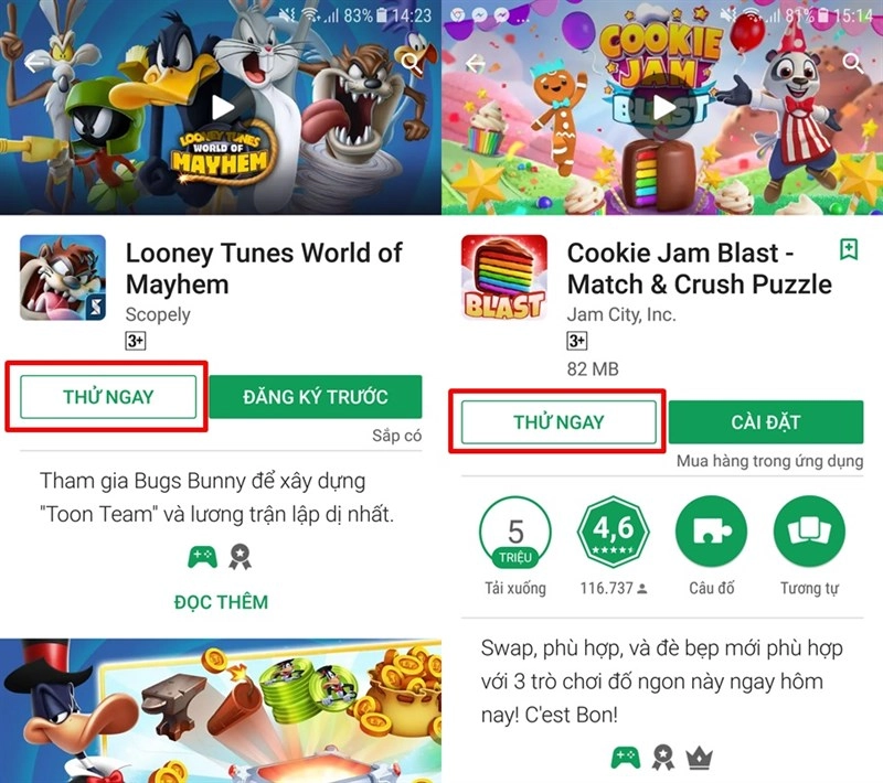 Giao diện Google Play hiển thị nút “Thử ngay” của một ứng dụng tức thời.