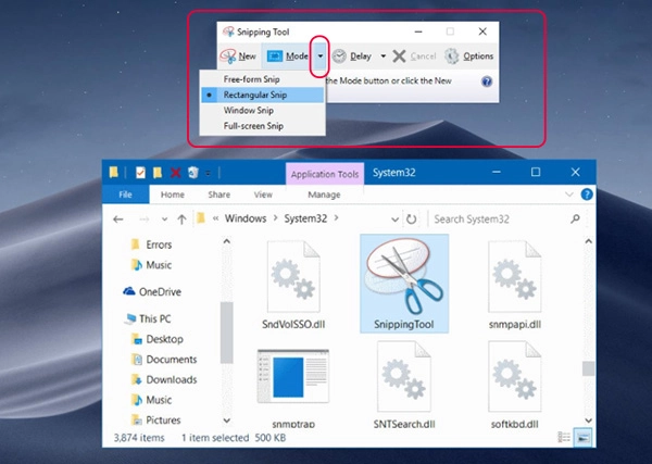 Giao diện Snipping Tool một vùng màn hình được chọn và công cụ chỉnh sửa được hiển thị
