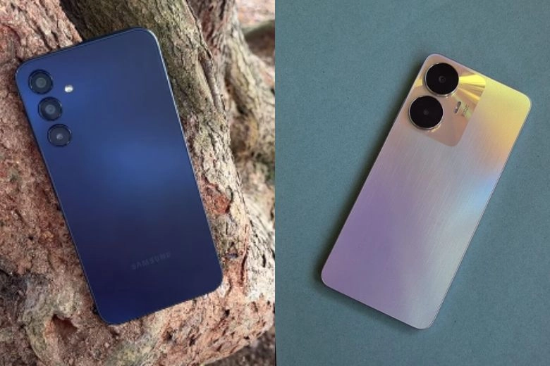 Mặt lưng kính gradient của Realme C55 và Samsung Galaxy A15, nổi bật trong phân khúc giá rẻ.
