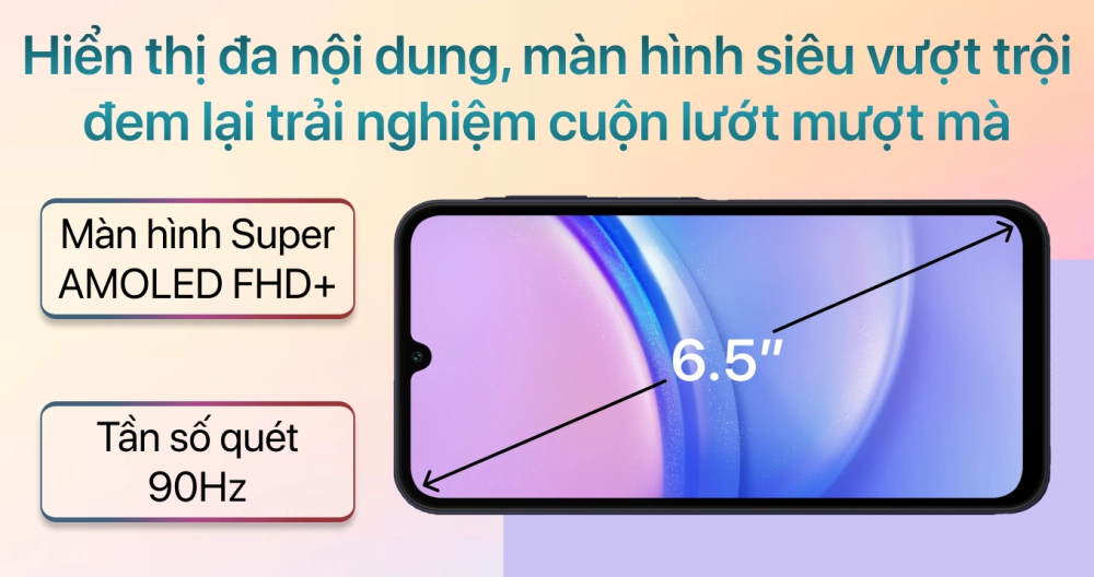 Samsung Galaxy A15 với màn hình Super AMOLED, mang lại trải nghiệm hiển thị vượt trội trong tầm giá.