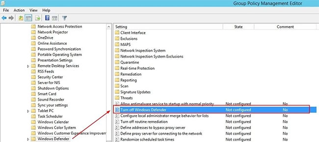 Giao diện Group Policy Editor cho thấy tùy chọn tắt Windows Defender Win 10 vĩnh viễn