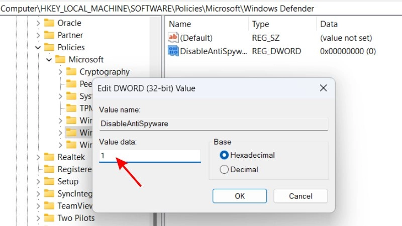 Chỉnh sửa Registry để tắt Windows Defender một cách triệt để