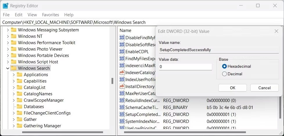 Tắt windows search thông qua registry editor