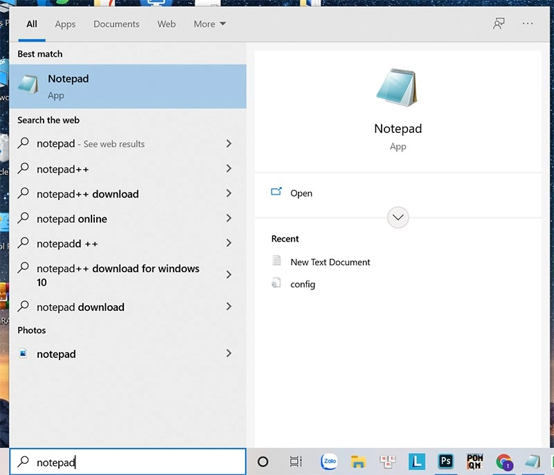 Tìm kiếm Notepad trên Windows 10 bằng thanh tìm kiếm