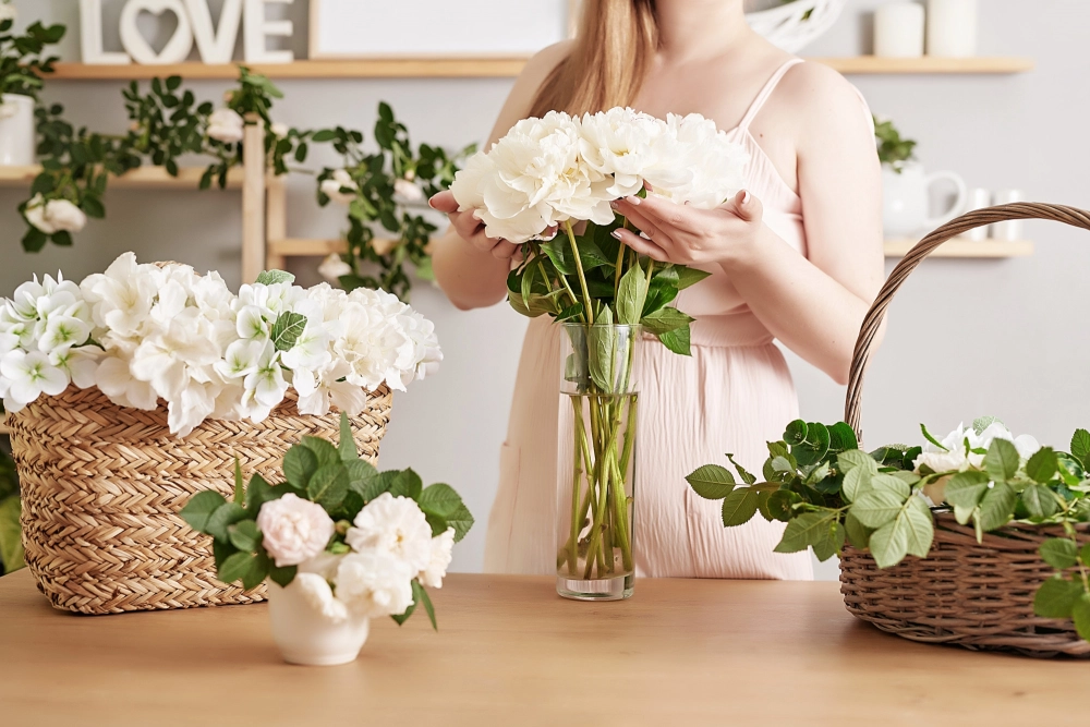 Bình hoa được đặt trên bàn trong không gian mát mẻ, tránh ánh nắng trực tiếp, mẹo giữ hoa tươi lâu tàn.