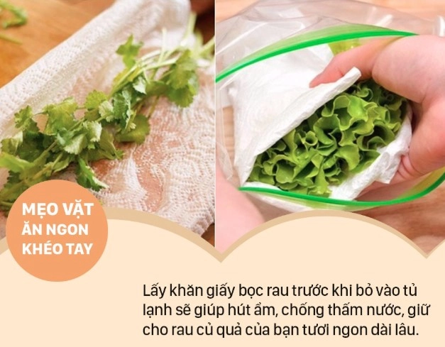 Bọc rau trong khăn giấy ẩm là một mẹo giữ thực phẩm tươi lâu giúp rau tươi ngon hơn