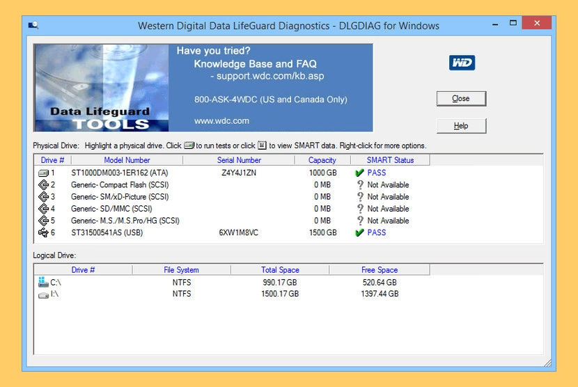Cách dùng Data Lifeguard Diagnostic với các bước chọn ổ đĩa và chạy kiểm tra.