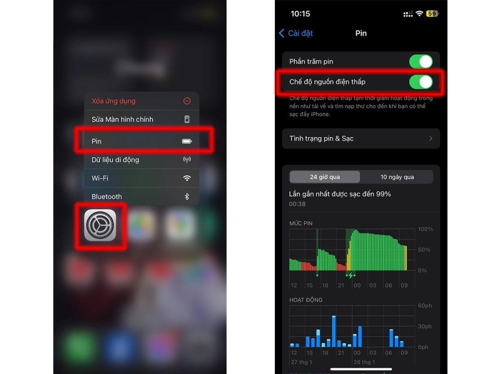 Giao diện cài đặt pin trên iPhone với tùy chọn bật chế độ tiết kiệm pin.
