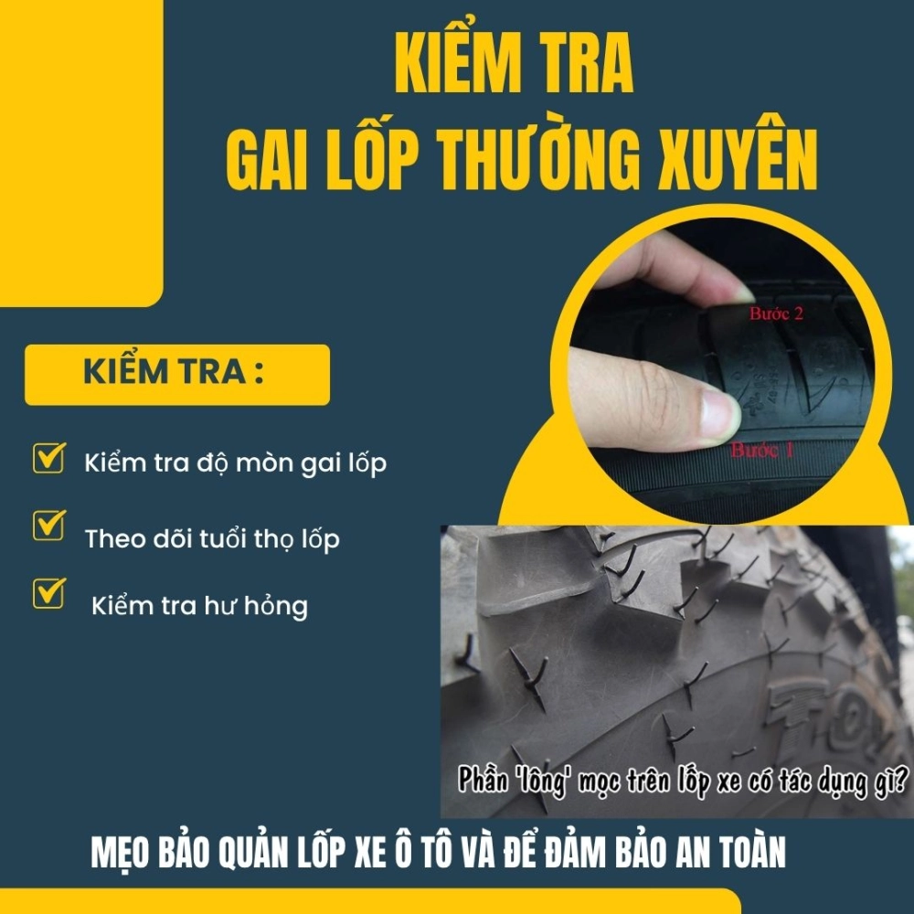Kiểm tra gai lốp thường xuyên là mẹo bảo quản lốp xe ô tô và để đảm bảo an toàn