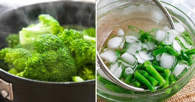 Ngâm rau vào nước đá sau khi luộc giúp rau giòn và giữ màu đẹp