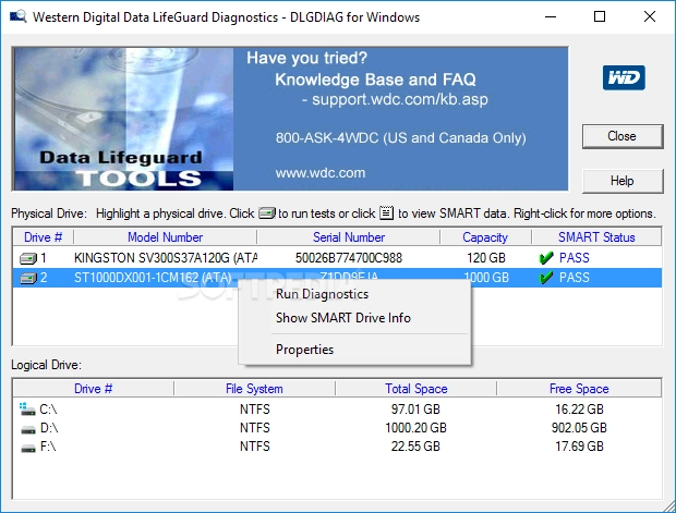 Tính năng của Data Lifeguard Diagnostic.