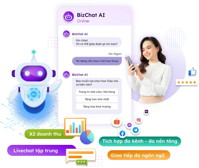 Một chatbot AI giao tiếp thân thiện với khách hàng trên giao diện ứng dụng