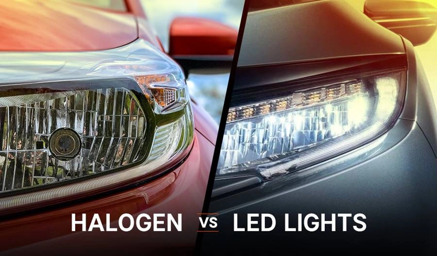 Hình ảnh so sánh ánh sáng từ đèn pha halogen và đèn LED 