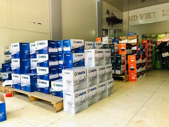 Một bộ sưu tập các loại ắc quy ô tô được sắp xếp gọn gàng trong cửa hàng phụ tùng