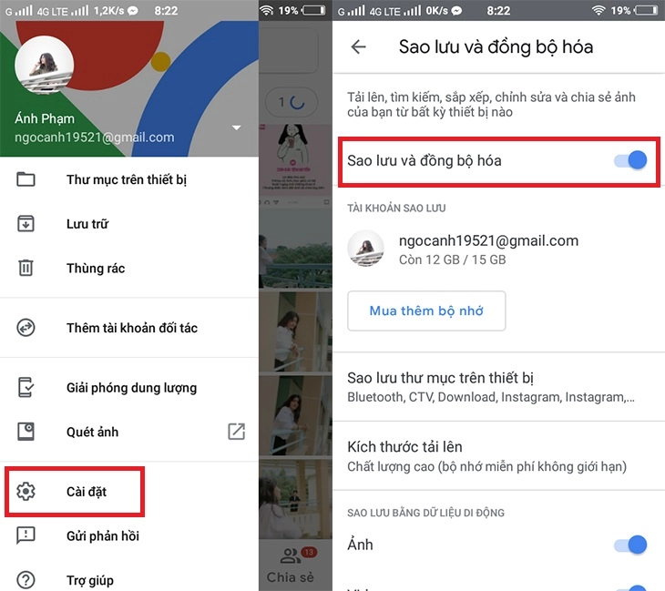 Cài đặt sao lưu trong Google Photos với tùy chọn “Chất lượng cao” được chọn