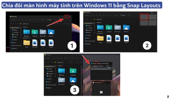 Menu Snap Layouts hiển thị các tùy chọn chia màn hình trên Windows 11