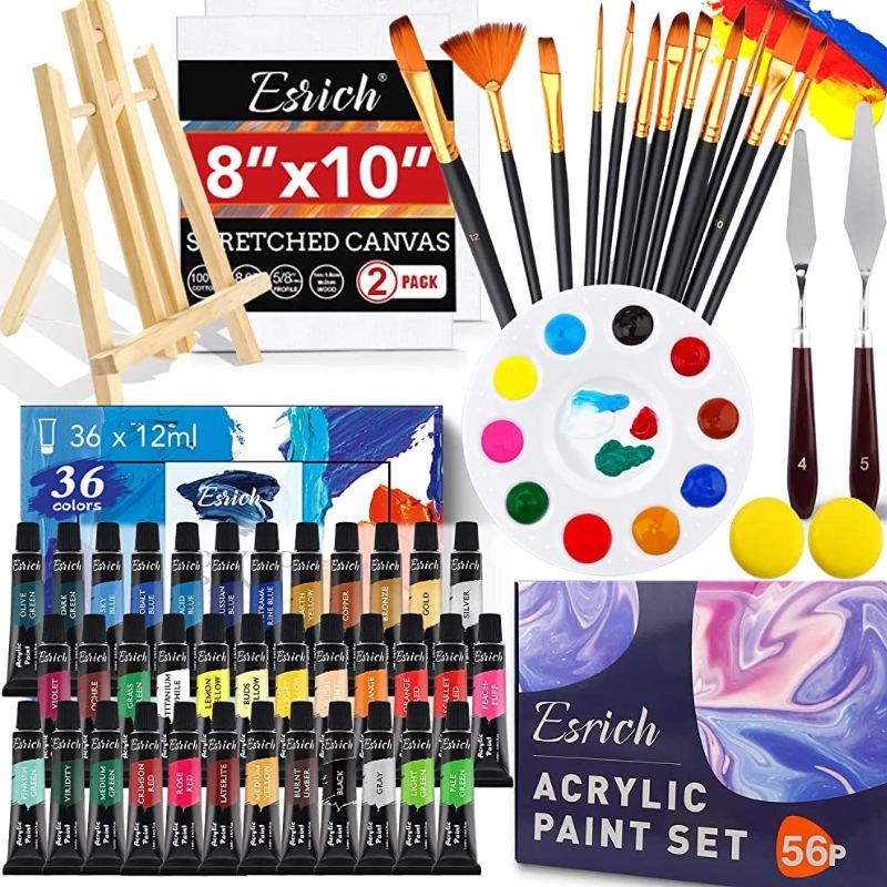 Bộ dụng cụ thể như chai sơn acrylic, băng keo, cọ nhỏ trên bàn làm việc, với nút tai nghe trắng sẵn sàng được đổi màu.