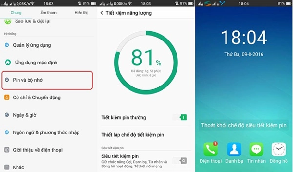 Giao diện cài đặt pin Android với chế độ tiết kiệm pin được bật, biểu đồ sử dụng pin hiển thị rõ ràng.