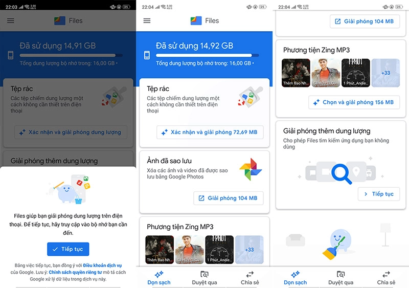 Giao diện Files by Google hiển thị danh sách các tệp rác và tùy chọn xóa an toàn.