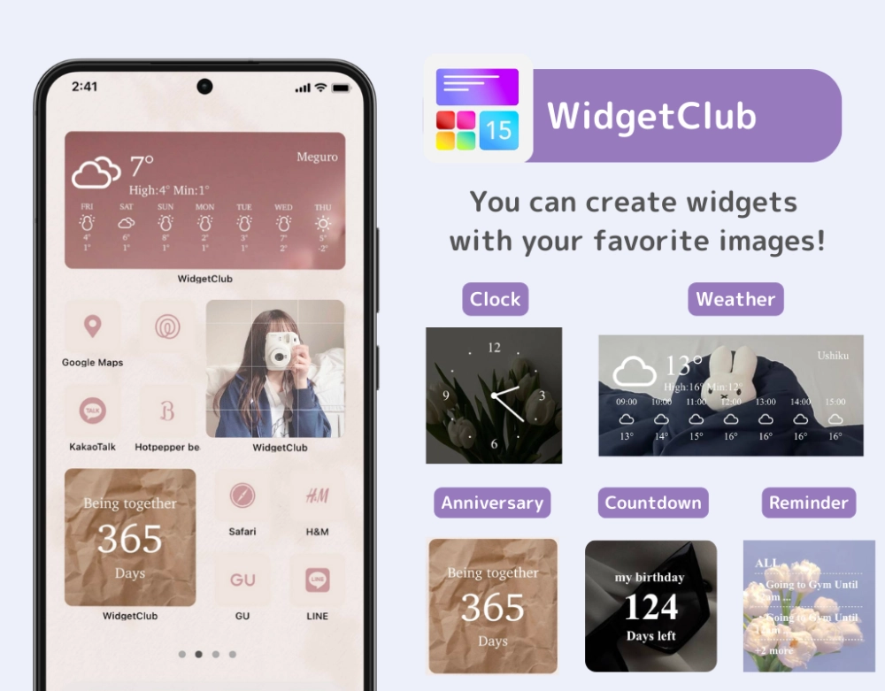 Giao diện menu widget trên Android, hiển thị danh sách như thời tiết, đồng hồ, và lịch