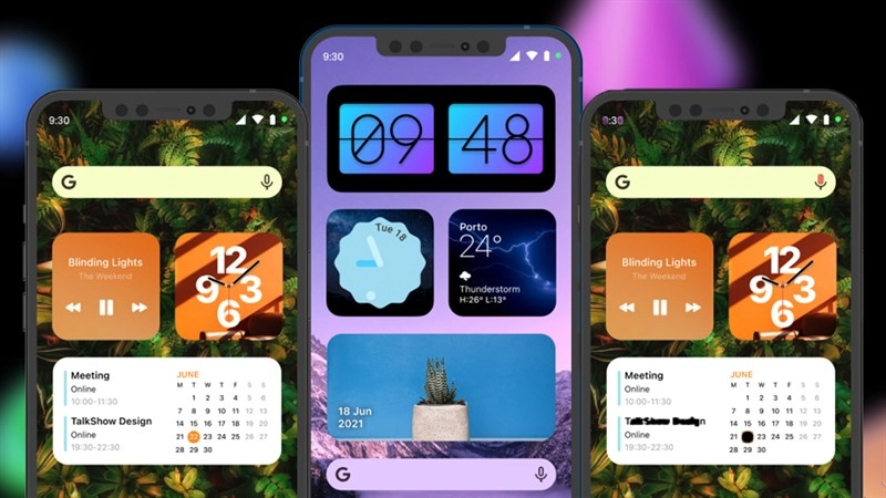 Màn hình Android với widget thời tiết và widget lịch được sắp xếp cân đối