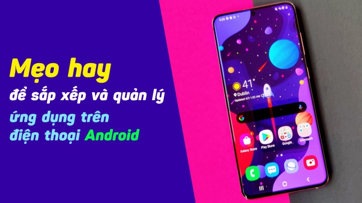 Màn hình chính Android với các thư mục ứng dụng được sắp xếp gọn gàng, widget thời tiết ở góc trên và thanh tìm kiếm Google ở giữa.