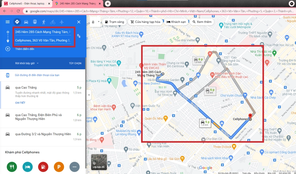Màn hình Google Map hiển thị lộ trình cơ bản với các bước chỉ đường đơn giản.