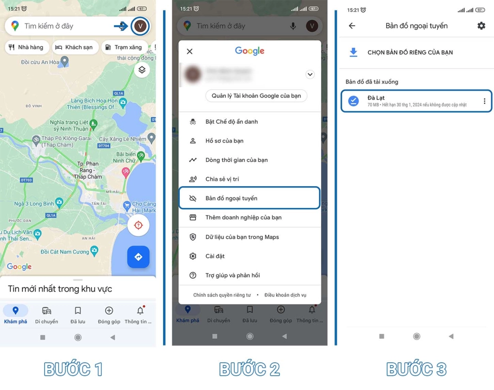 Màn hình Google Map hiển thị tùy chọn “Bản đồ ngoại tuyến” với khu vực được chọn để tải.