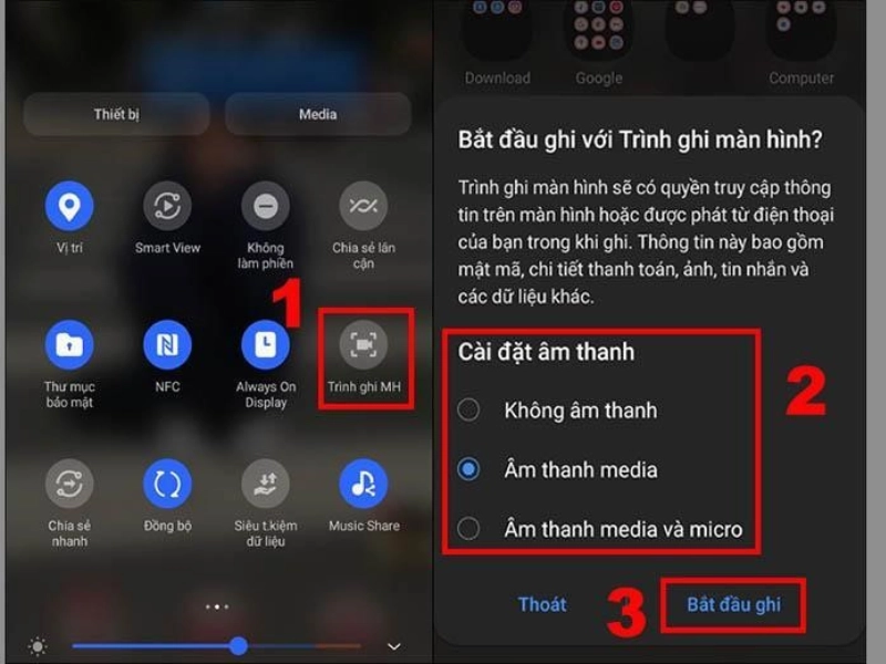 Thanh thông báo Android hiển thị nút “Ghi màn hình” được khoanh đỏ.