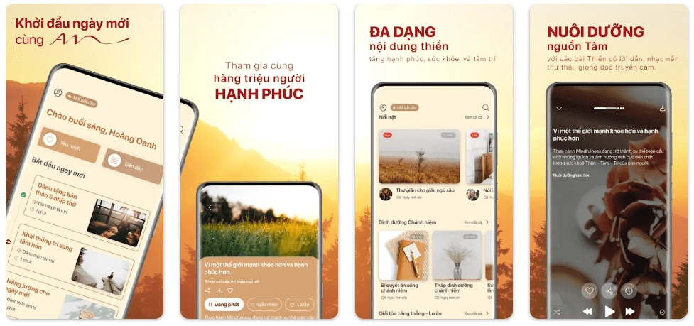 Ứng dụng thiền với giao diện trên điện thoại đầy màu sắc.