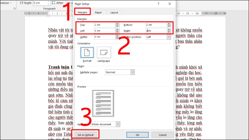 Thiết lập cách đặt lề trên dưới trái phải trong Word với các giá trị cm cụ thể trong Page Setup