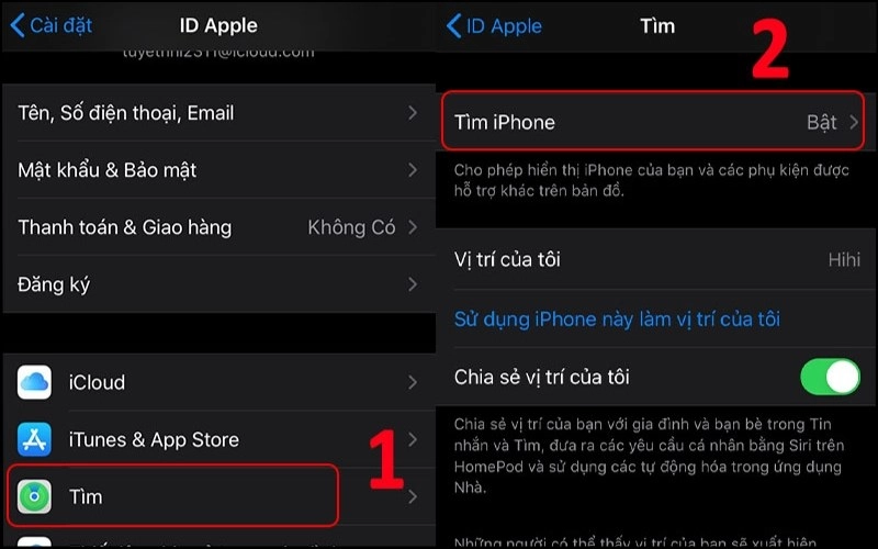 Giao diện cài đặt Tìm iPhone